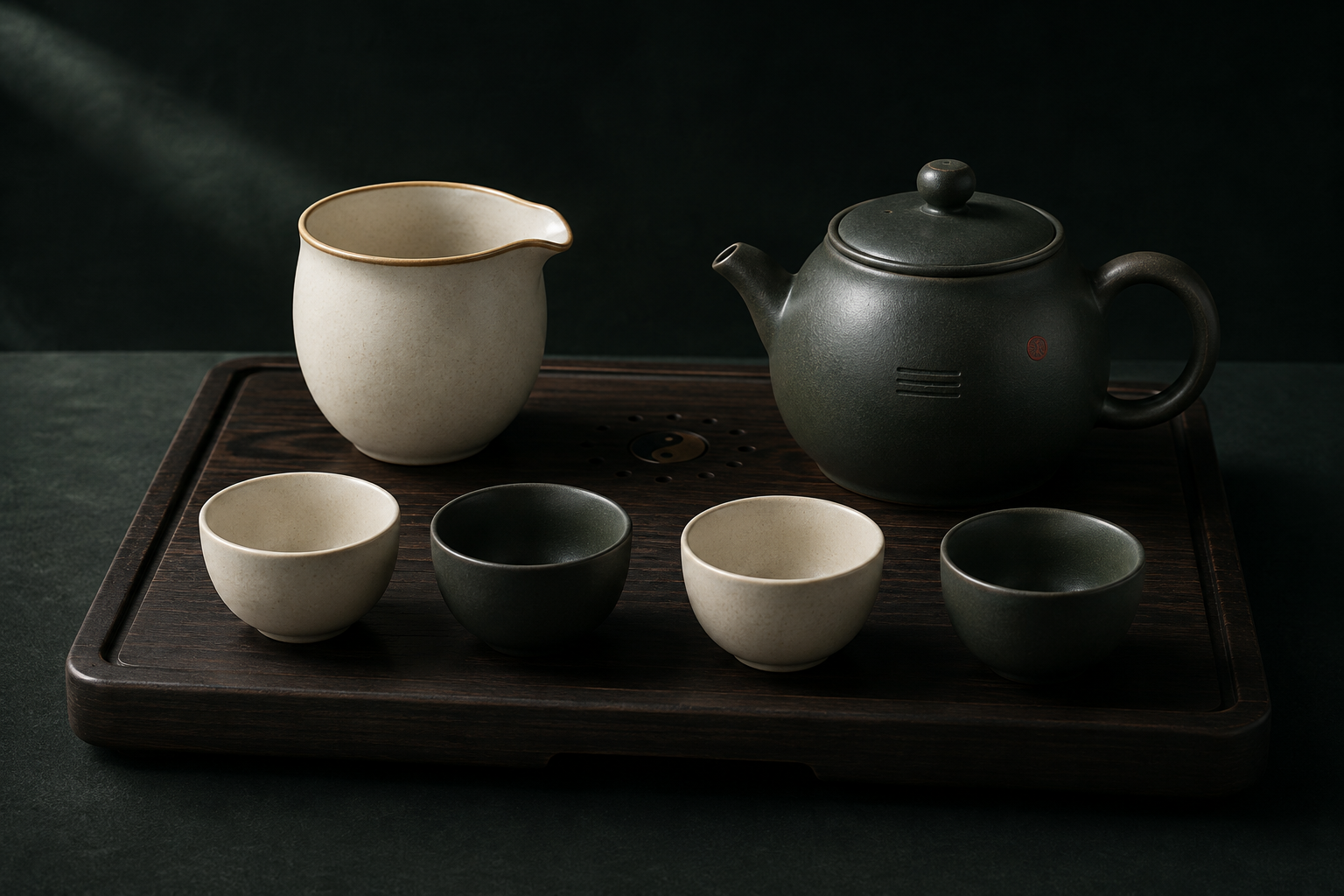 Ink-jade and ivory tea set with a teapot, pitcher and four cups.